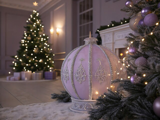 Photorealistic Christmas ornament in snow with frosted evergreen, warm bokeh lights, soft glow, and festive winter holiday scene with purple color.