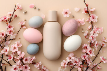cosmetic bottle surrounded by pastel eggs and blossoms on a clean beige backdrop for soft spring styling