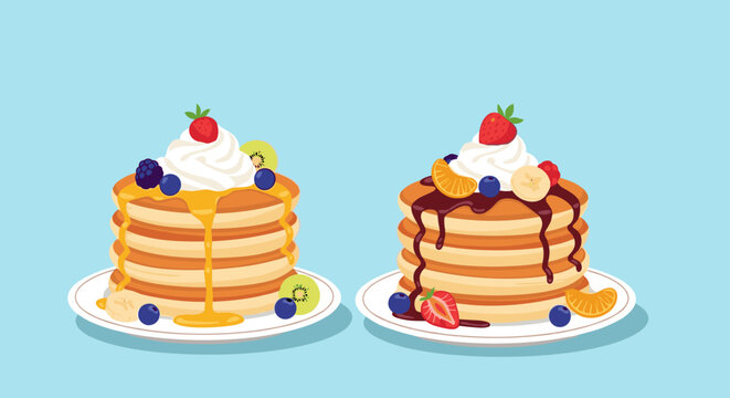 Two delicious stacks of fluffy pancakes with fresh fruit toppings whipped cream syrup and chocolate sauce on a light blue background.