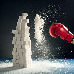 A boxing glove smashes through stacked sugar cubes