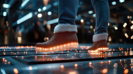 Brightly lit footwear worn by Santa, capturing the spirit of the holidays, showcasing a playful modern design set against a backdrop of glowing patterns in an artistic ambiance.