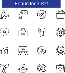 Reward set of web icons in line style. A collection of linear icons representing various reward concepts, including gift, trophy, recognition, reward program, medal, bonus, and more.
