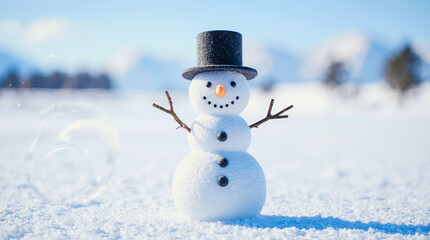 Obraz premium Cute snowman wearing a top hat in a snowy winter landscape