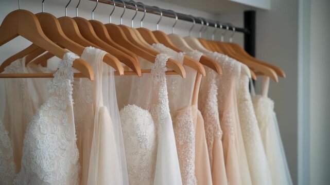 Elegant row of ivory and white wedding dresses with intricate lace detailing hanging on wooden hangers in a bright studio showroom.