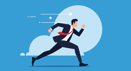 A dynamic flat style illustration of a businessman in a suit and red tie running forward quickly symbolizing speed and ambition.