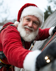 A jolly Santa is climbing a roof, preparing to deliver gifts while showcasing his iconic red suit and cheerful expression, perfect for holiday-themed projects and designs.