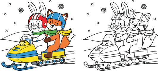 Vector coloring page for kids with cute cartoon rabbit and fox riding a snowmobile. Winter sport activity illustration with colored example and black white outline.