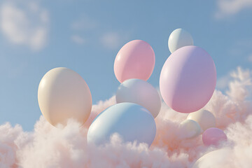 floating pastel eggs drifting in dreamy cloudlike light creating a surreal soft focus spring atmosphere