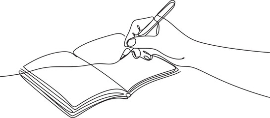Continuous line art drawing of a human hand holding a pen and writing notes in an open blank notebook, symbolizing education, creativity, and work