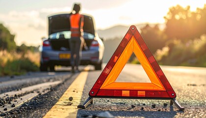 Roadside Breakdown Scene with Warning Triangle and Stopped Car