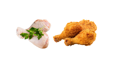 Raw & Fried Chicken Legs Isolated on Transparent Background 300 DPI. Raw and fried chicken drumsticks - clean food imagery ideal for menus, packaging, cooking tutorials, grocery marketing and culinary
