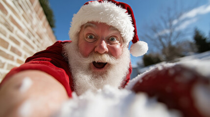 A joyful Santa Claus with a big smile, celebrating winter in a snowy environment, capturing the essence of holiday cheer and festive excitement perfectly.