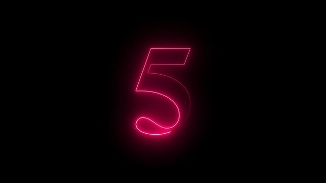 neon glowing text 5 number countdown icon on black background 4k animation. Neon number 5 with alpha channel.