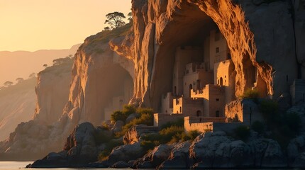 Discover a hidden coastal fortress bathed in golden sunlight, evoking adventure and mystery, perfect for travel campaigns, historical fiction covers, and cinematic landscapes