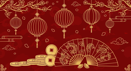 Vibrant red background with golden Chinese lanterns, coins, and a fan, symbolizing prosperity and celebration for Lunar New Year.