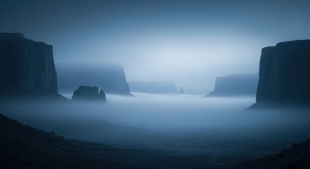 Misty canyon landscape at night shrouded in fog creating a mysterious and atmospheric scene