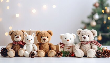 ぬいぐるみとクリスマス飾りの冬の祝祭構図 | Festive Winter Scene with Plush Toys, Holiday Decor, and Christmas Lights
