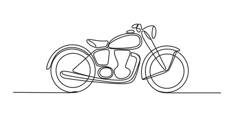 Single continuous line art drawing of a vintage classic motorcycle side view. minimalist design of a retro chopper motorbike concept.