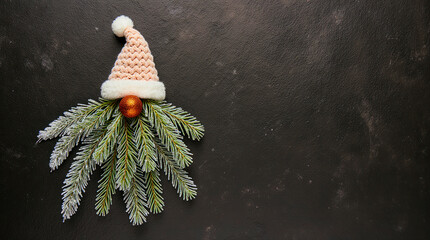 Whimsical christmas tree branch character with santa hat and red nose