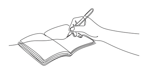 One line art of a hand writing with a pen in an open book. symbolizing education, learning, knowledge, study, creativity.