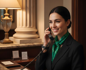 Receptionist stays focused listening on phone conversation while still smiling.