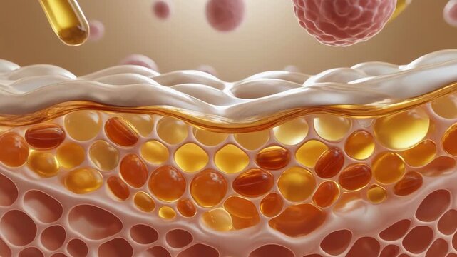 Illustrative close-up of skin layers with globules, capsules and cream flowing across, highlighting healthy structure and hydration