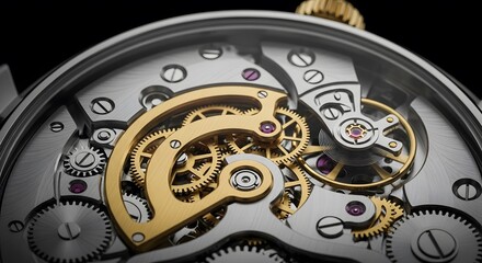 Obraz premium Close up of the inside of a silver watch with some gold parts on a black background