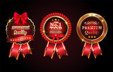Golden luxury labels banners, gold badge vector .premium quality certificate seal ribbons, Shield, VIP, super quality sticker tags for best product seals, seller top no 1 brand golden crown  red bow