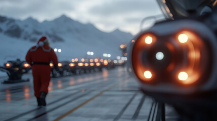 Santa walks through a snowy landscape, illuminated by bright lights, symbolizing hope and warmth during winter nights, while embodying the spirit of the holiday season.