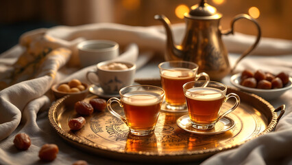 Luxury Emirati Karak Tea Service with Golden Brass Tray, Dates and Premium Hospitality Setup