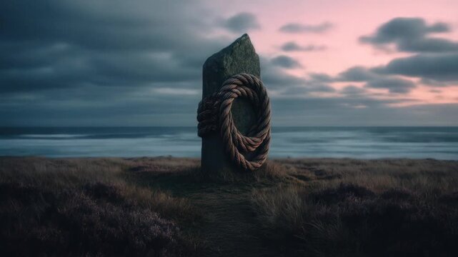 A weathered stone column bound by a coiled rope stands on a grassy shore beneath a cloudy sky
