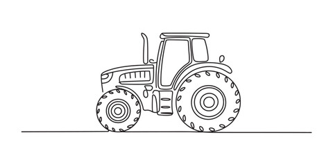 Single continuous line art drawing of a powerful farm tractor, symbolizing agricultural industry, rural farming, and modern machinery.