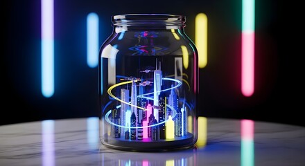 Neon cityscapes glow in a jar on a marble surface with neon lighting, ideal for surreal branding or fantasy posters.