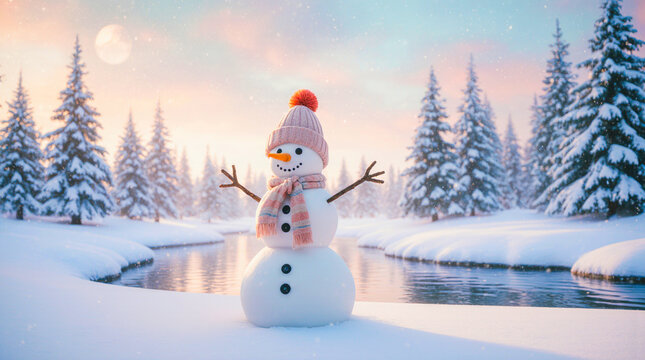 Charming snowman in a winter wonderland forest scene