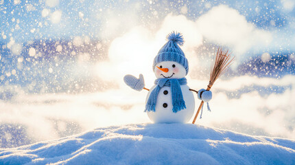 Cute snowman wearing blue hat and scarf in snowy winter landscape
