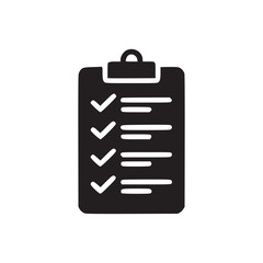 A black and white graphic of a clipboard with check marks and lines indicating completion list items