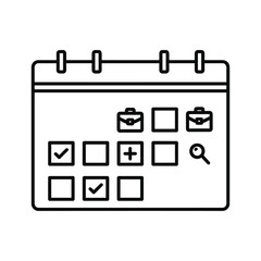 Calendar icon showing schedule with business trip, search, and completed tasks isolated on