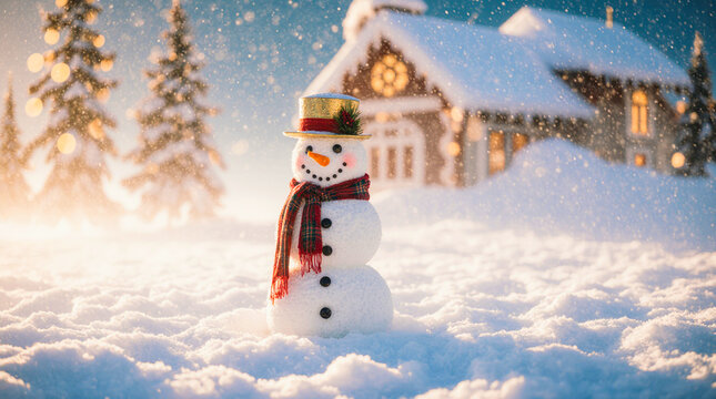 Charming snowman in a snowy winter landscape with cozy cabin