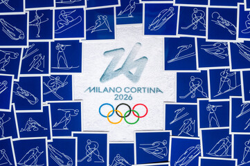 Naklejka premium Milano Cortina 2026 Winter Olympics: Official Logo, Sport Pictograms, and Background Design