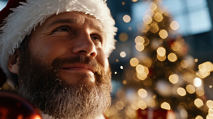 A beaming Santa Claus gazes upwards, surrounded by Christmas lights and a beautifully decorated tree, capturing the essence of joy, festive spirit, and warmth.
