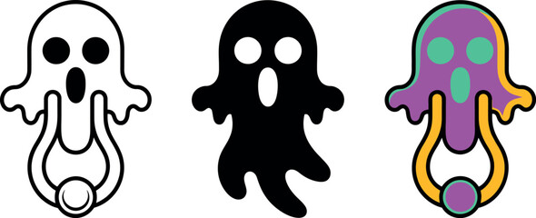 Spooky Halloween Ghost Door Knocker Icon Set for Festive Decorations and Celebrations