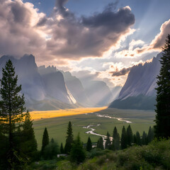 Golden valley sunlight illuminates yosemite national park landscape