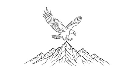 Obraz premium Line art drawing of an eagle in flight, descending towards a majestic mountain peak.