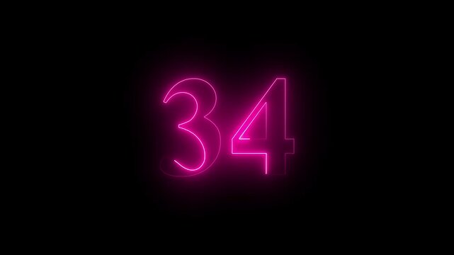 neon glowing text 34 number countdown icon on black background 4k animation. Neon number 34 with alpha channel.