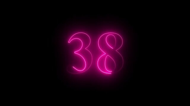 neon glowing text 38 number countdown icon on black background 4k animation. Neon number 38 with alpha channel.