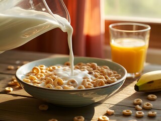 Pour shot of milk in breakfast setup