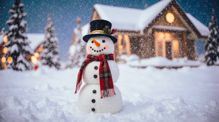 Happy snowman in a winter wonderland with cozy house