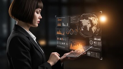 A businesswoman interacts with a holographic interface displaying data and a world map. She wears a suit and uses a tablet - Powered by Adobe