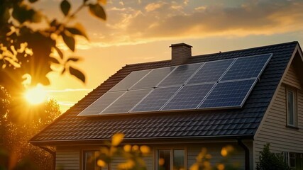 Home solar panels on a roof at golden hour sunset, generating renewable energy and sustainable power for the future - Powered by Adobe