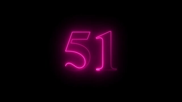neon glowing text 51 number countdown icon on black background 4k animation. Neon number 51 with alpha channel.